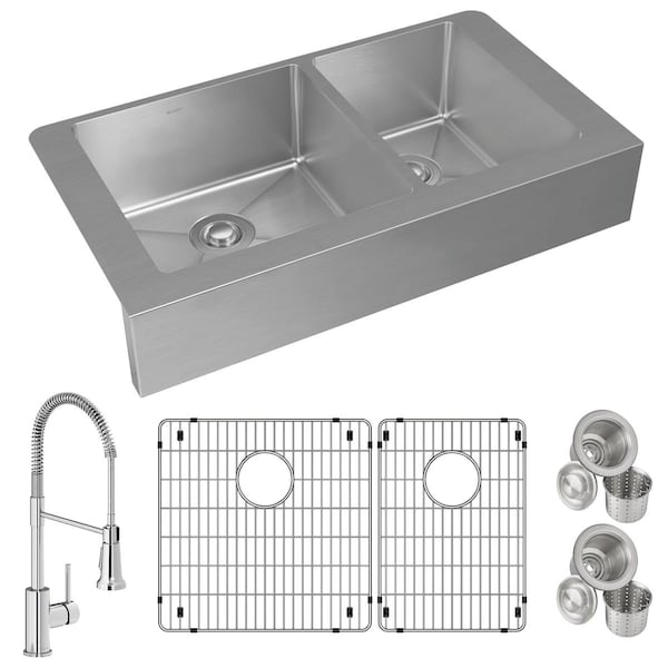 Elkay 18 Gauge SS 35-7/8" x 20-1/4" x 9" 60/40 Dbl Bowl Farmhouse Sink and Faucet Kit w/ Bottom Grid and Drain ECTRUF32179RFBC - main